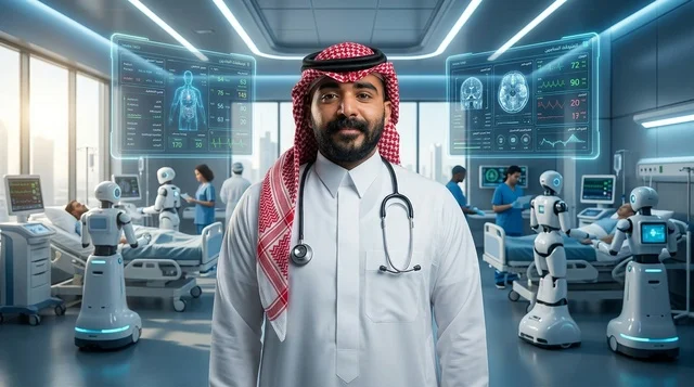 Saudi Doctor in Futuristic Hospital with Medical Robots