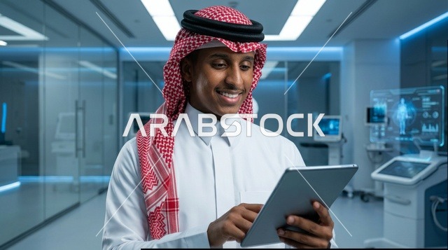 Saudi Man Using Digital Tablet in High-Tech Hospital Lab