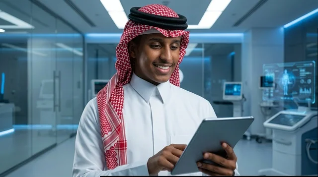 Saudi Man Using Digital Tablet in High-Tech Hospital Lab