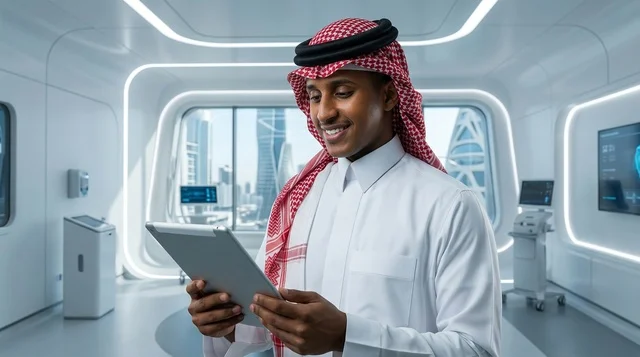 رجل أعمال سعودي يحمل جهازا لوحيا في مكتب مستقبلي حديث