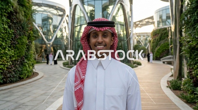 رجل عربي مبتسم بالثوب والشماغ في ساحة حضرية حديثة