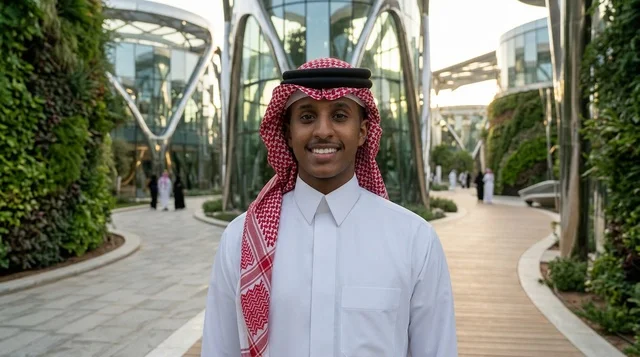 رجل عربي مبتسم بالثوب والشماغ في ساحة حضرية حديثة