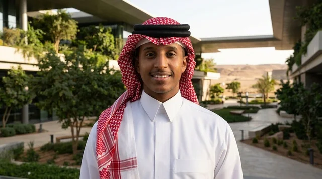 رجل سعودي بالزي التقليدي يقف في ساحة خارجية