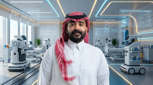 Saudi Man in Futuristic Smart Hospital Ward with Robots