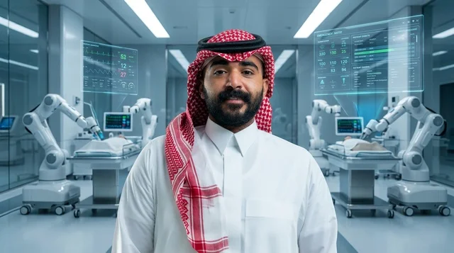 Saudi Man in Futuristic Medical Lab with Robotic Arms