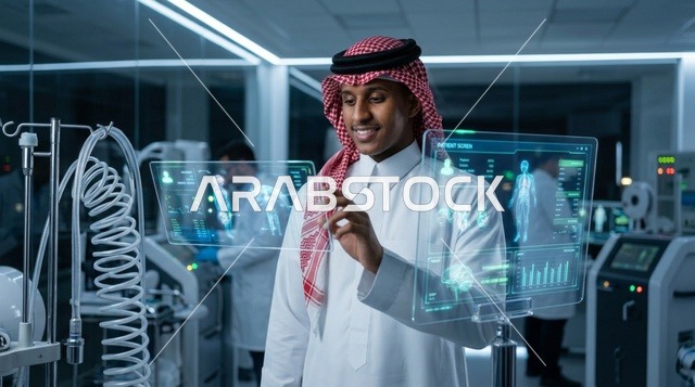 عالم سعودي يستخدم شاشة هولوغرام تفاعلية في مختبر حديث