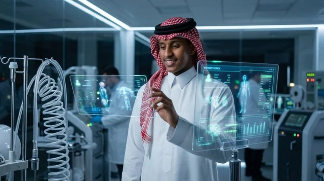عالم سعودي يستخدم شاشة هولوغرام تفاعلية في مختبر حديث