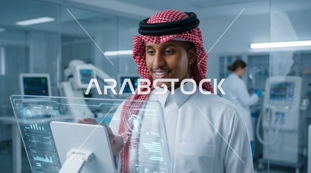 عالم عربي يعمل في مختبر طبي مع شاشة هولوغرافية مستقبلية