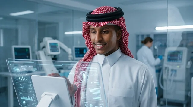 عالم عربي يعمل في مختبر طبي مع شاشة هولوغرافية مستقبلية