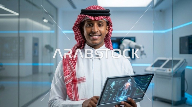 رجل سعودي يحمل جهازاً لوحياً في مختبر طبي متطور
