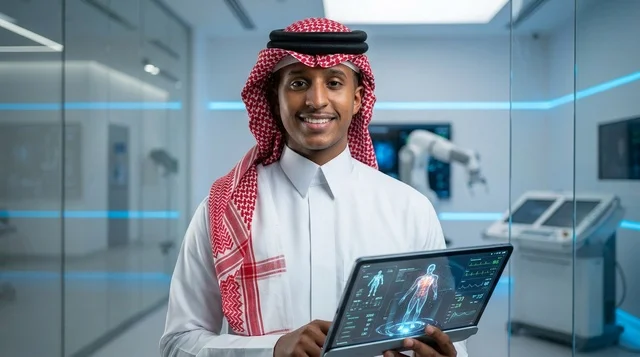 Saudi Man Holding Tablet in Futuristic Medical Lab
