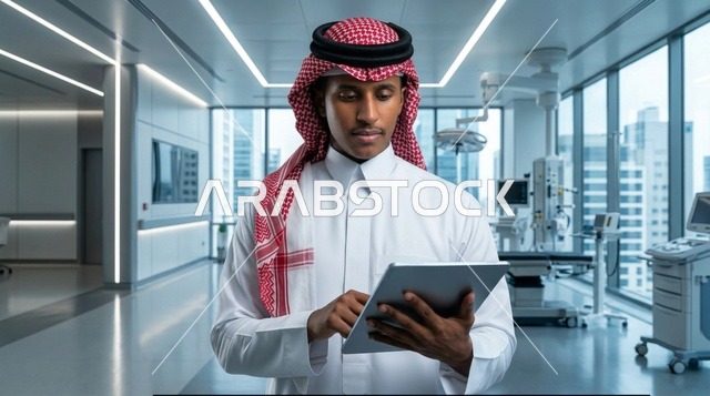 Saudi Man Using Digital Tablet in Modern Hospital Room