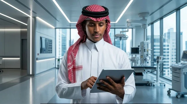 رجل سعودي يستخدم جهاز لوحي داخل مستشفى حديث متطور