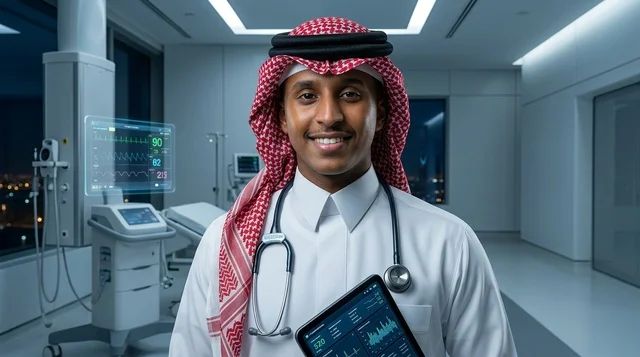 Saudi Male Doctor with Tablet in Modern Hospital Clinic