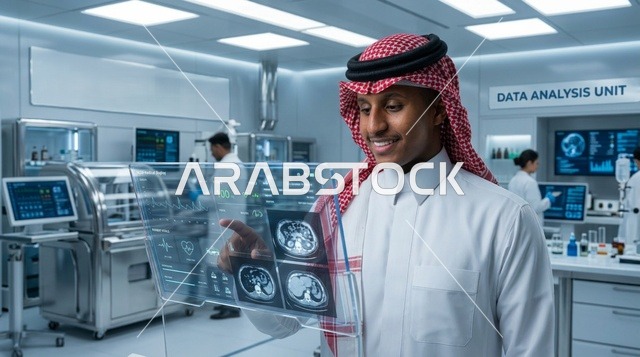 باحث سعودي في مختبر طبي عالي التقنية مع شاشة هولوغرام