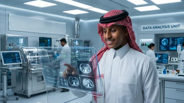 Saudi Scientist in High-Tech Lab with Holographic Screen