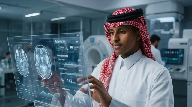 طبيب سعودي يستخدم شاشة طبية تفاعلية حديثة في المختبر
