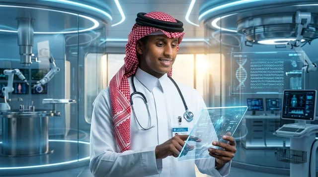 Saudi Doctor with Holographic Tablet in Futuristic Lab