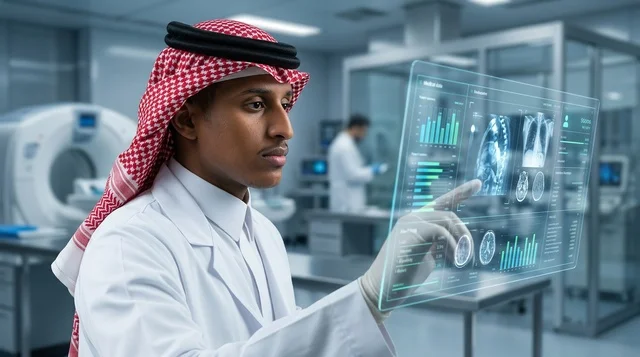 Saudi Doctor Interacting with Futuristic Hologram Screen