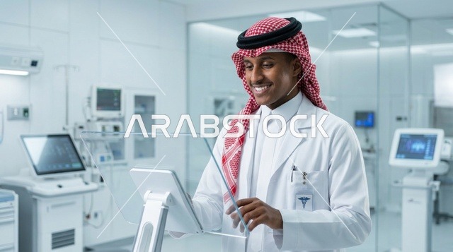 طبيب سعودي يستخدم شاشة رقمية مستقبلية في مستشفى متطور