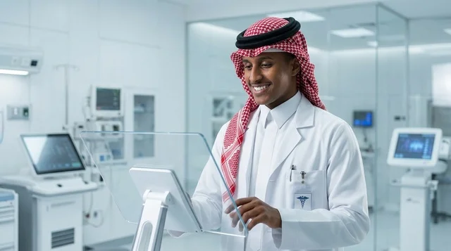 Saudi Doctor Using Futuristic Screen in High Tech Hospital