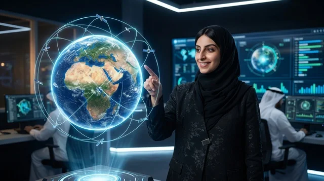 سيدة أعمال عربية تتفاعل مع مجسم هولوجرام للأرض