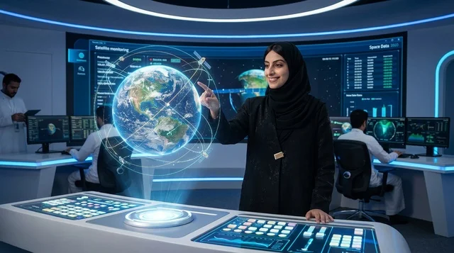 Arab Woman Interacting with Earth Hologram in Control Room