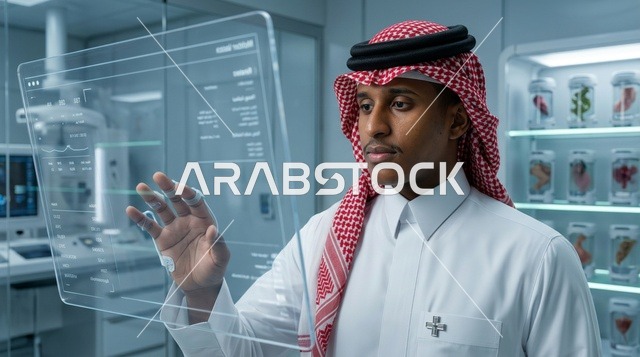 عالم سعودي يتفاعل مع شاشة هولوغرام رقمية في مختبر حديث