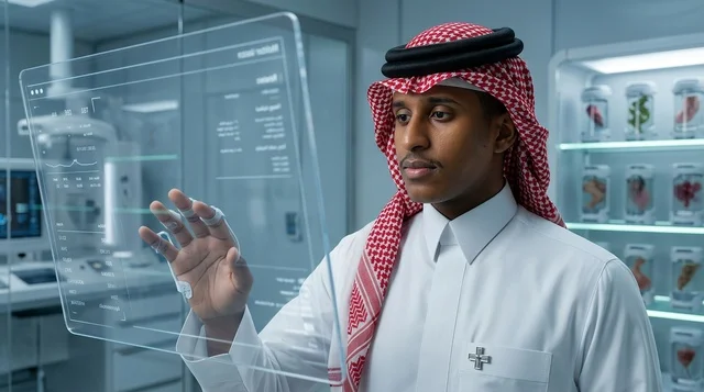 عالم سعودي يتفاعل مع شاشة هولوغرام رقمية في مختبر حديث