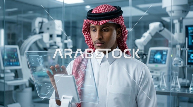 عالم سعودي يستخدم شاشة هولوغرام في مختبر مستقبلي