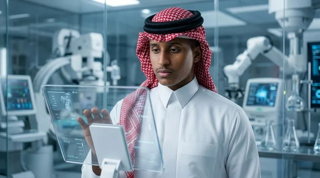 عالم سعودي يستخدم شاشة هولوغرام في مختبر مستقبلي