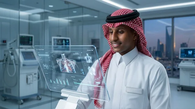 Saudi Doctor Examining Holographic Medical Chest Scan