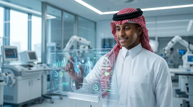 Saudi Doctor with Futuristic Hologram Medical Screen