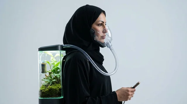 امرأة عربية ترتدي قناع أكسجين متصل بنباتات خضراء