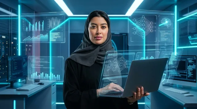 Arab Woman IT Specialist in Futuristic Data Center