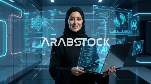 Arab Female Tech Developer with Laptop and AI Screens
