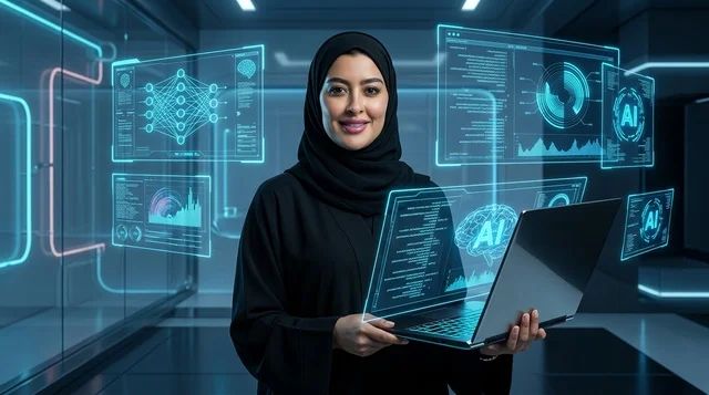 امرأة عربية تحمل كمبيوتر محمول مع شاشات الذكاء الاصطناعي