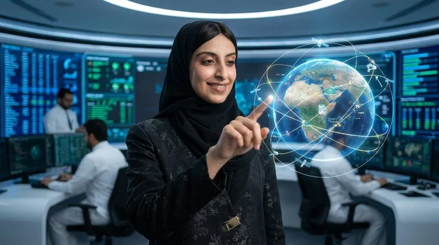 Arab Woman with Holographic Globe in Control Room