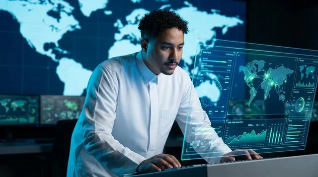 أخصائي تقنية معلومات عربي في غرفة تحكم هولوغرامية ذكية