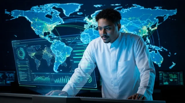 Arab IT Specialist Monitoring Global Data Hologram