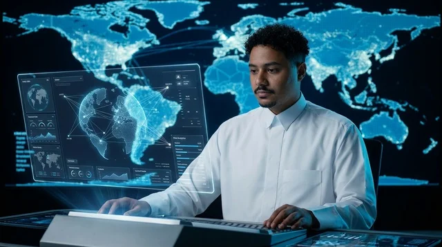Saudi IT Specialist in Futuristic Cybersecurity Room
