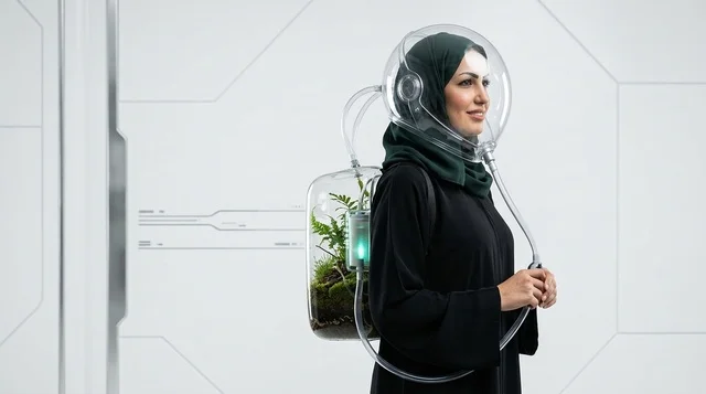 Arab Woman in Sci-Fi Helmet and Terrarium Backpack
