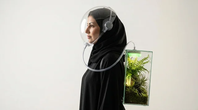 Arab Woman in Futuristic Oxygen Helmet and Terrarium