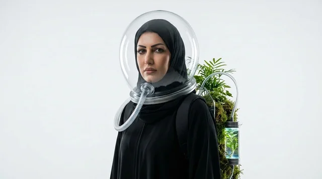 Arab Woman in Abaya with Futuristic Helmet and Plants