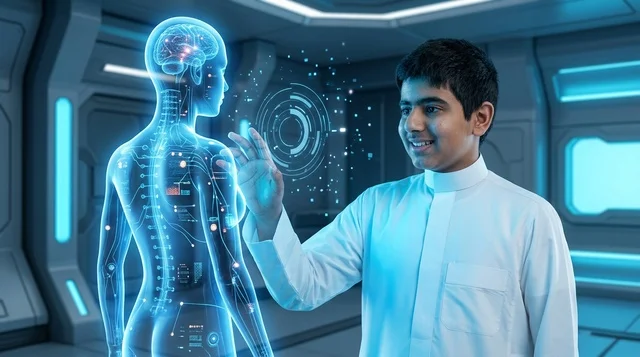 ولد سعودي يتفاعل مع هولوغرام لتشريح جسم الإنسان