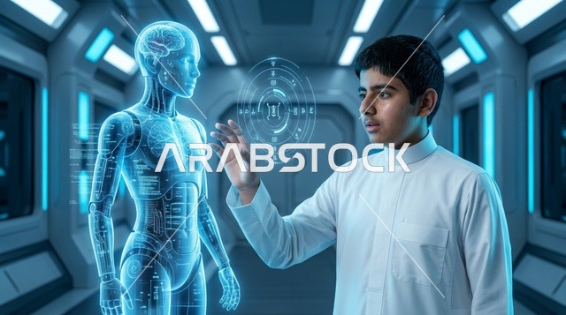فتى عربي يتفاعل مع مجسم هولوغرافي في مختبر مستقبلي