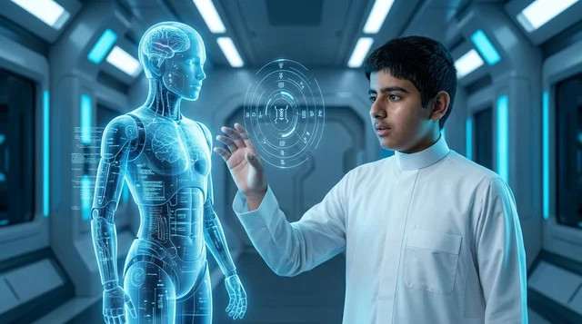 Arab Boy Interacting with Hologram in Futuristic Lab