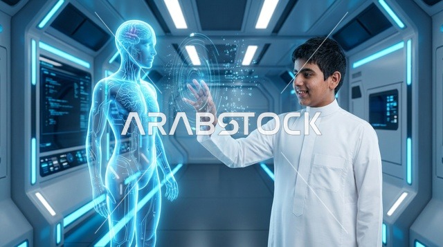 Arab Boy in Thobe Interacting with Hologram in Future Lab
