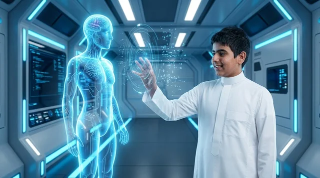 ولد عربي بالثوب يتفاعل مع هولوغرام بمختبر مستقبلي