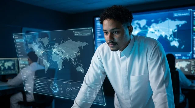Data Analyst Monitoring Global Hologram Screen